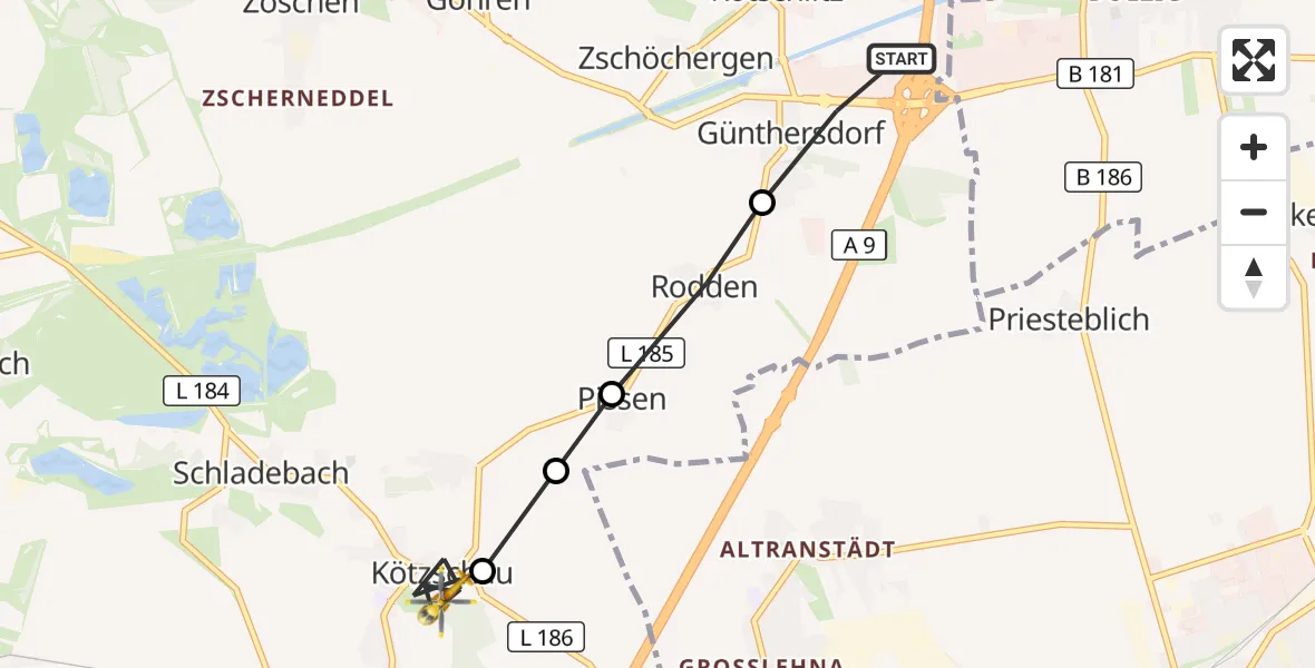 Flugroute Rettungshubschrauber Günthersdorf - Kötzschau, 16 März 2026, 08:11