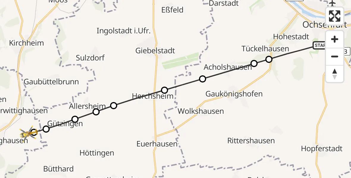Flugroute Rettungshubschrauber Hohestadt - Oberwittighausen, 16 März 2026, 08:30