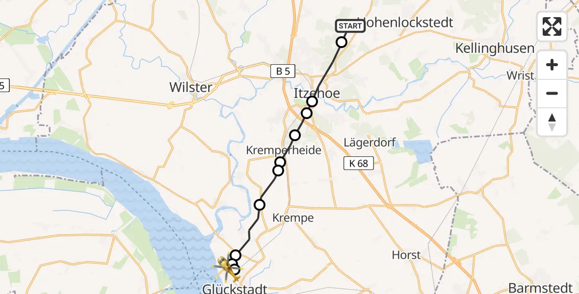 Flugroute Rettungshubschrauber Schlotfeld - Glückstadt, 16 März 2026, 08:31