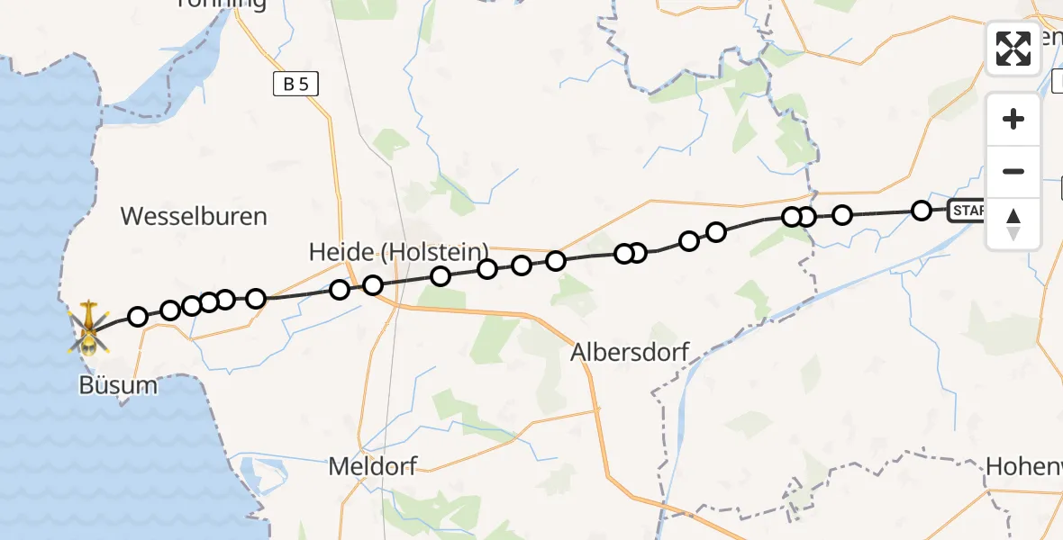 Flugroute Rettungshubschrauber Breiholz - Westerdeichstrich, 16 März 2026, 08:33