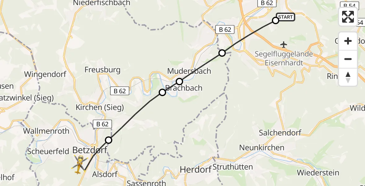Flugroute Rettungshubschrauber Evangelisches Jung-Stilling Hospital - Betzdorf, 16 März 2026, 08:37