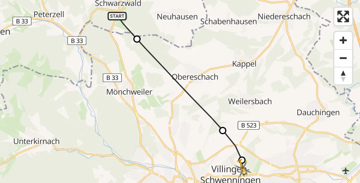 Routekaart van de vlucht: Rettungshubschrauber nach DRF Air Rescue Station Villingen-Schwenningen Heliport (Christoph 11)