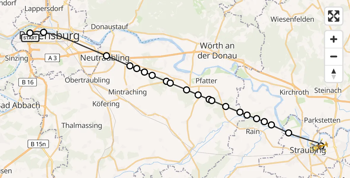Flugroute Rettungshubschrauber Barmherzige Brüder (Brothers of Mercy) Hospital Regensburg - Sankt Elisabeth Hospital Straubing, 16 März 2026, 08:43