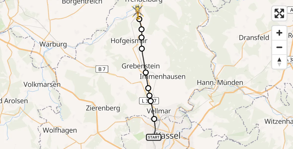 Flugroute Rettungshubschrauber Kassel - Hümme, 16 März 2026, 08:45