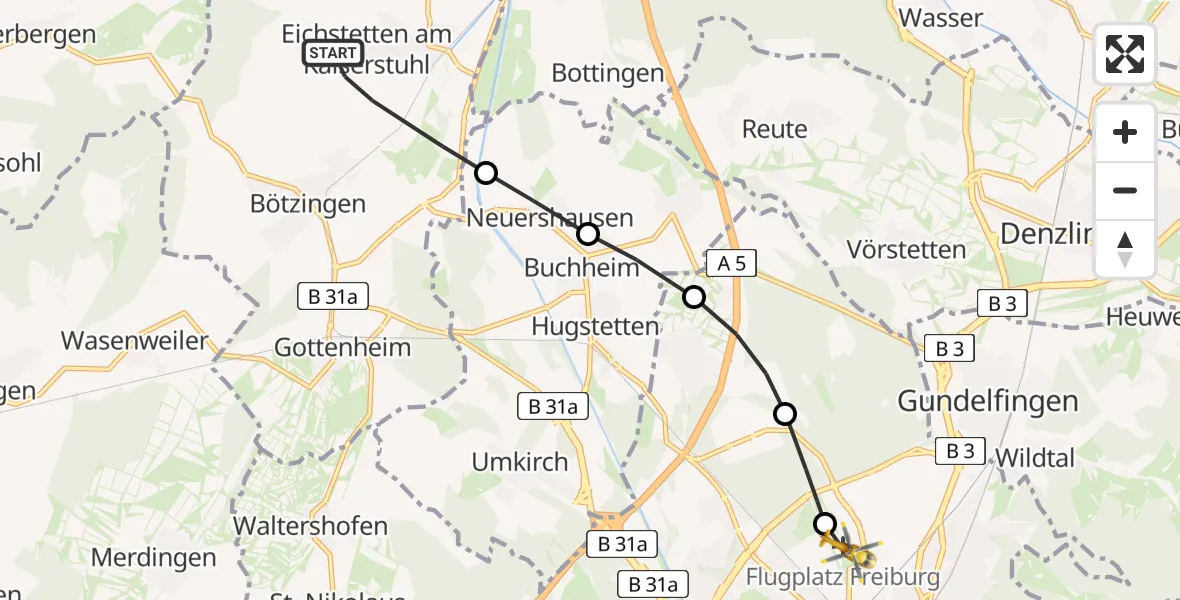 Flugroute Rettungshubschrauber Eichstetten am Kaiserstuhl - Freiburg im Breisgau Airfield, 16 März 2026, 08:45