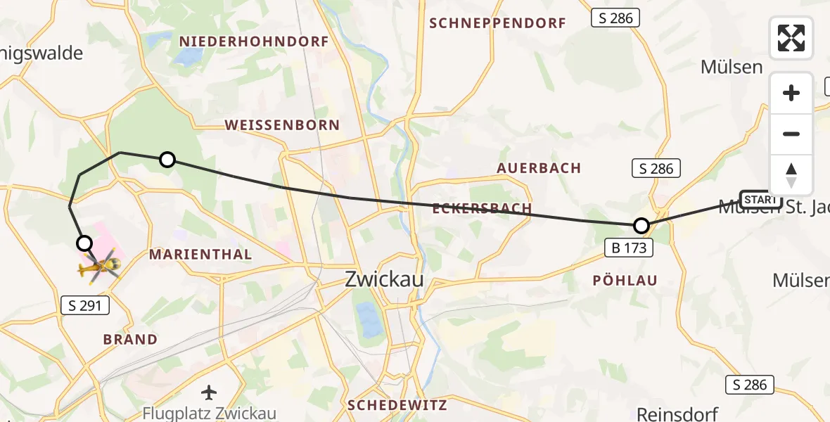 Flugroute Rettungshubschrauber Mülsen - ADAC Air Rescue Station Zwickau Heliport, 16 März 2026, 08:46