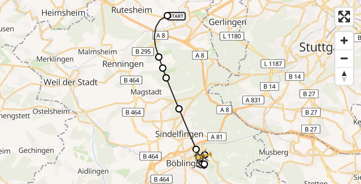 Flugroute Rettungshubschrauber Leonberg Hospital - Böblingen Hospital, 16 März 2026, 08:48