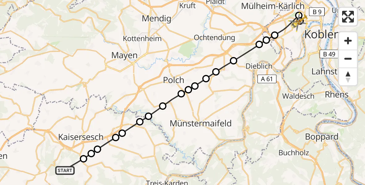 Flugroute Ambulanzhubschrauber Greimersburg - Koblenz, 16 März 2026, 08:50