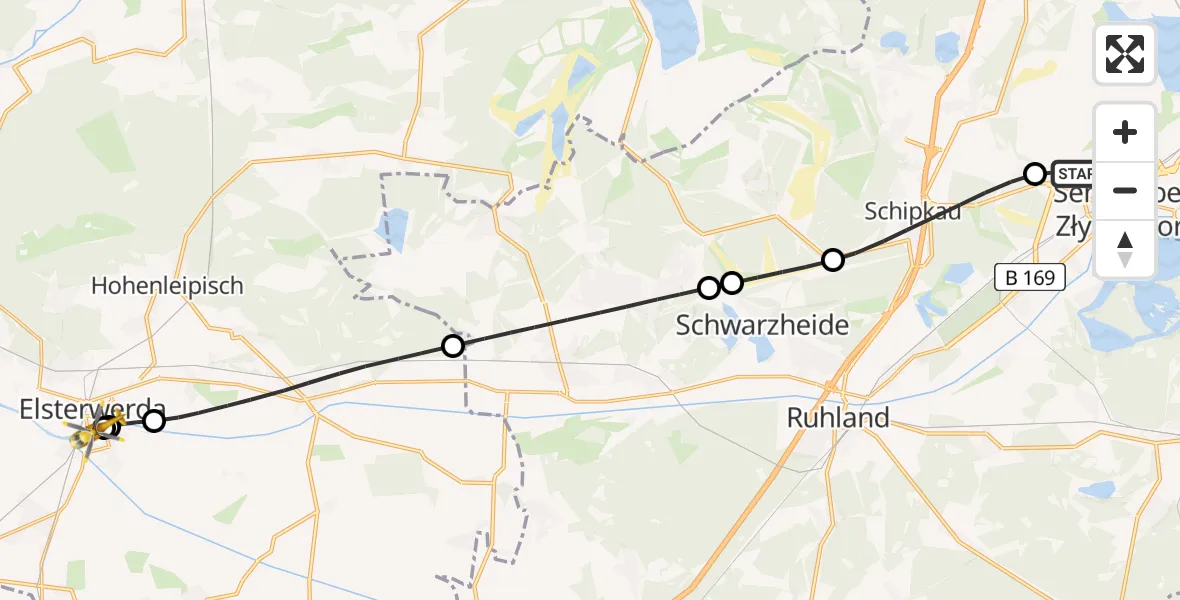 Flugroute Ambulanzhubschrauber Senftenberg - Elbe-Elster Hospital Elsterwerda, 16 März 2026, 08:56