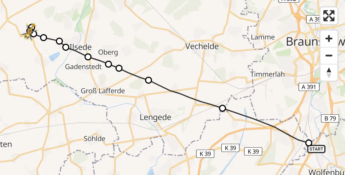 Flugroute Rettungshubschrauber Wolfenbüttel - Groß Solschen, 16 März 2026, 09:00