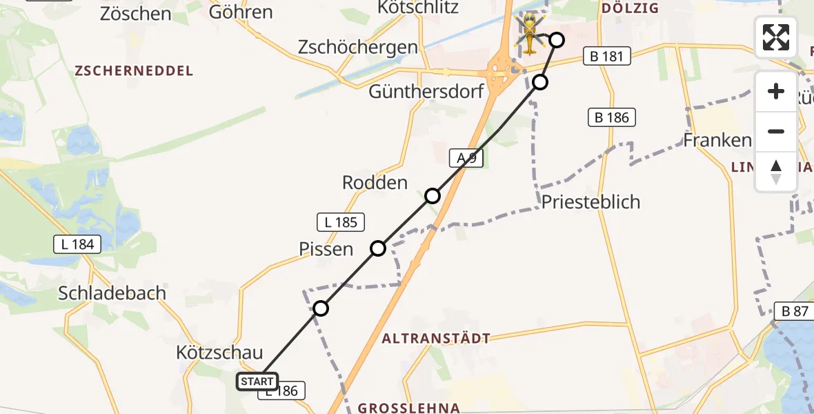 Flugroute Rettungshubschrauber Kötzschau - ADAC Air Rescue Station Leipzig/Schkeuditz-Dölzig Heliport (Christoph 61), 16 März 2026, 09:04