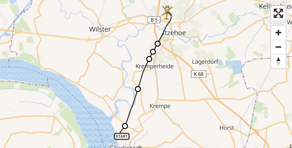 Flugroute Rettungshubschrauber Glückstadt - Itzehoe, 16 März 2026, 09:05