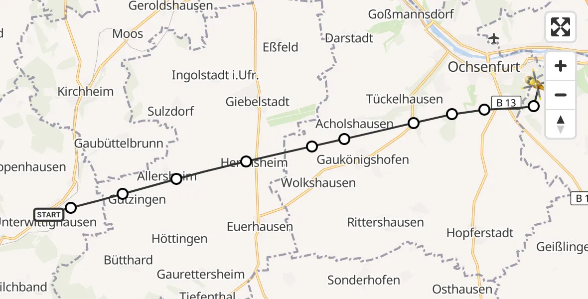 Flugroute Rettungshubschrauber Unterwittighausen - Marktbreit, 16 März 2026, 09:09