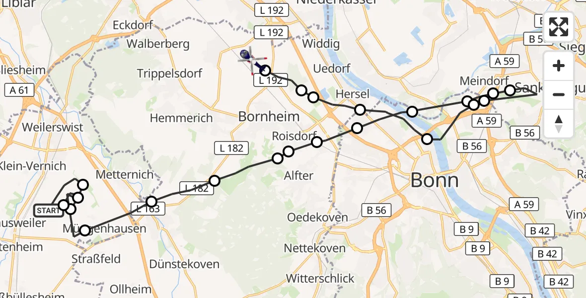 Flugroute Polizeihubschrauber Weilerswist - Sechtem, 16 März 2026, 09:09