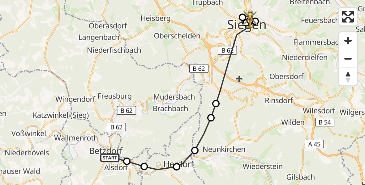 Flugroute Rettungshubschrauber Betzdorf - Marien Hospital Siegen, 16 März 2026, 09:12