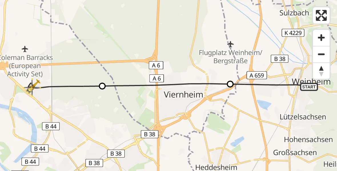 Flugroute Rettungshubschrauber Weinheim (Kernstadt) - Mannheim, 16 März 2026, 09:13