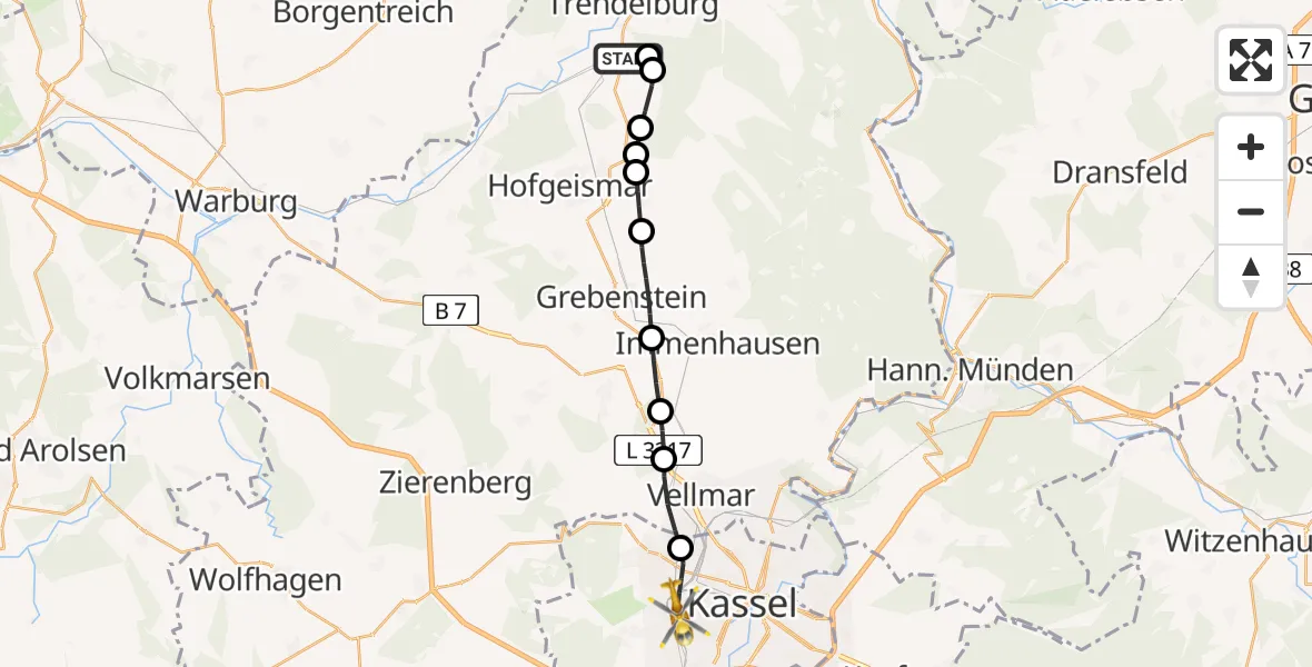 Flugroute Rettungshubschrauber Hümme - Kassel, 16 März 2026, 09:22