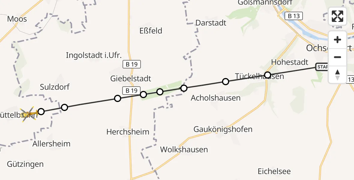 Flugroute Rettungshubschrauber Hohestadt - Gaubüttelbrunn, 16 März 2026, 09:26