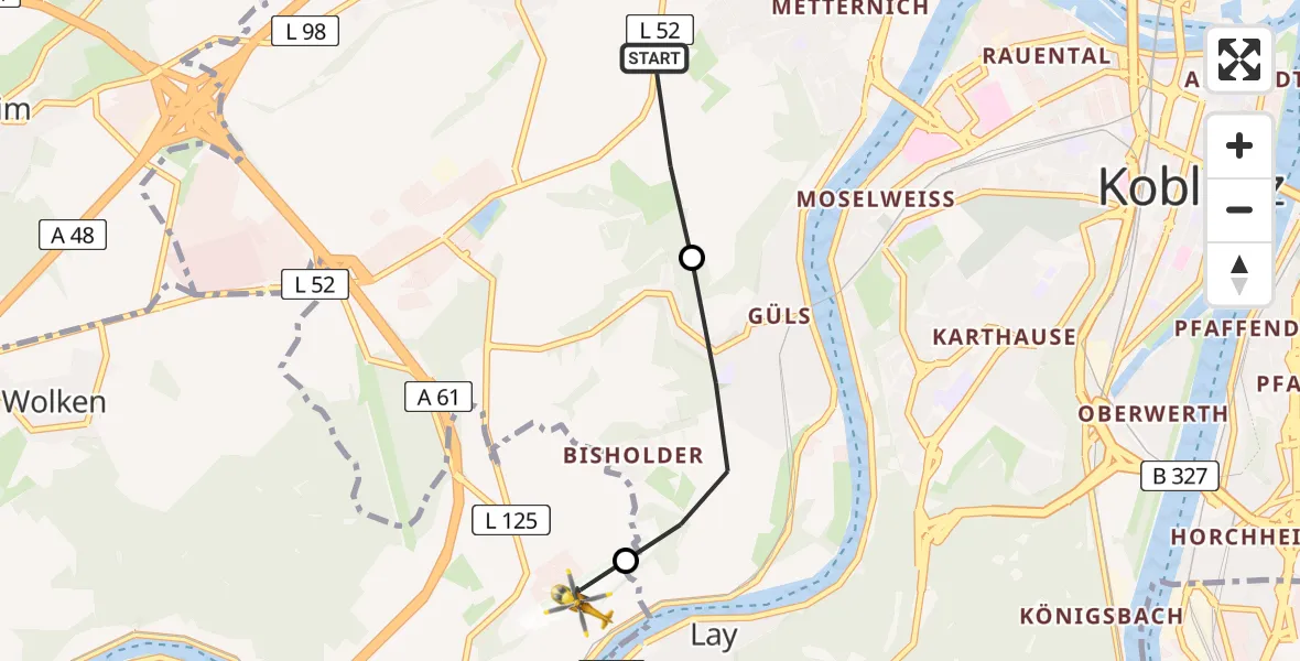 Flugroute Ambulanzhubschrauber Rübenach - Koblenz-Winningen Airfield, 16 März 2026, 09:30