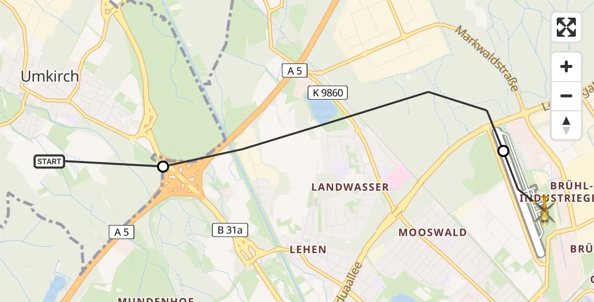 Routekaart van de vlucht: Rettungshubschrauber nach Freiburg im Breisgau Airfield