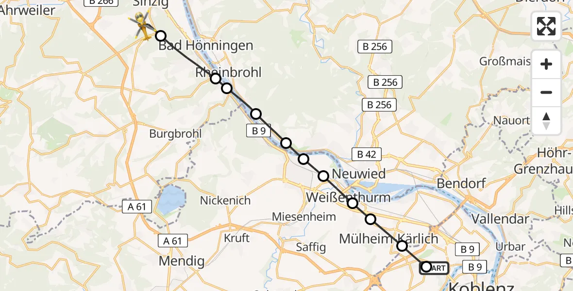 Flugroute Rettungshubschrauber Koblenz - Koisdorf, 16 März 2026, 09:39