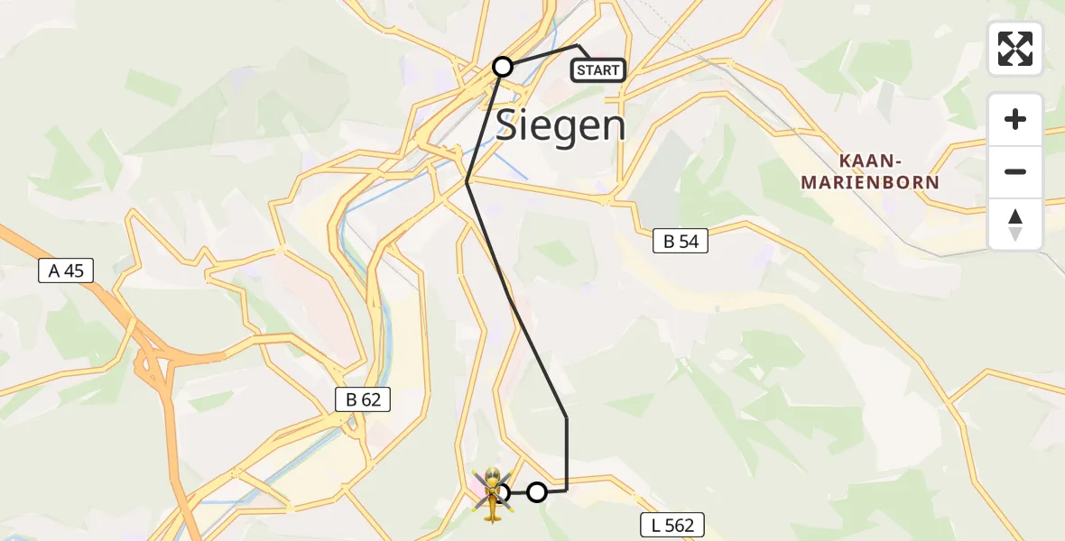 Flugroute Rettungshubschrauber Marien Hospital Siegen - Evangelisches Jung-Stilling Hospital, 16 März 2026, 09:43