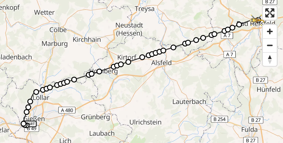 Routekaart van de vlucht: Rettungshubschrauber nach Bad Hersfeld Hospital