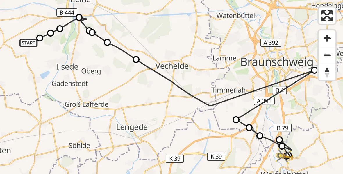 Flugroute Rettungshubschrauber Groß Solschen - Wolfenbüttel Municipal Hospital Heliport (Christoph 30), 16 März 2026, 09:47