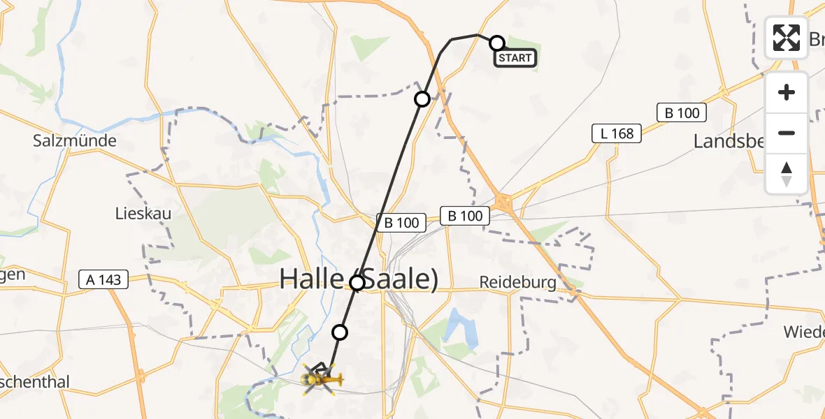 Flugroute Rettungshubschrauber Halle-Oppin Airfield - Halle (Saale), 16 März 2026, 09:47