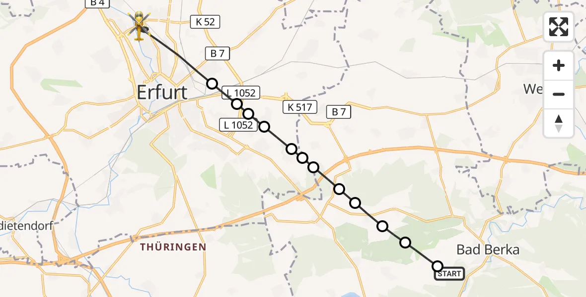 Flugroute Ambulanzhubschrauber Bad Berka - Erfurt, 16 März 2026, 09:54