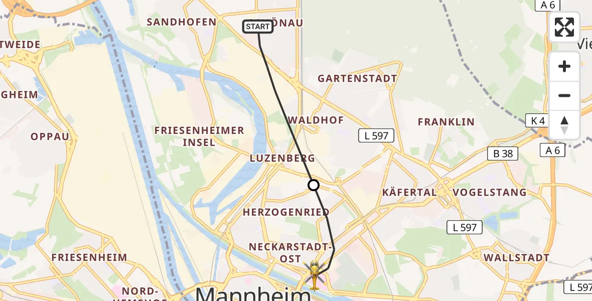 Flugroute Rettungshubschrauber Mannheim - Neckarstadt-Ost/Wohlgelegen, 16 März 2026, 09:55