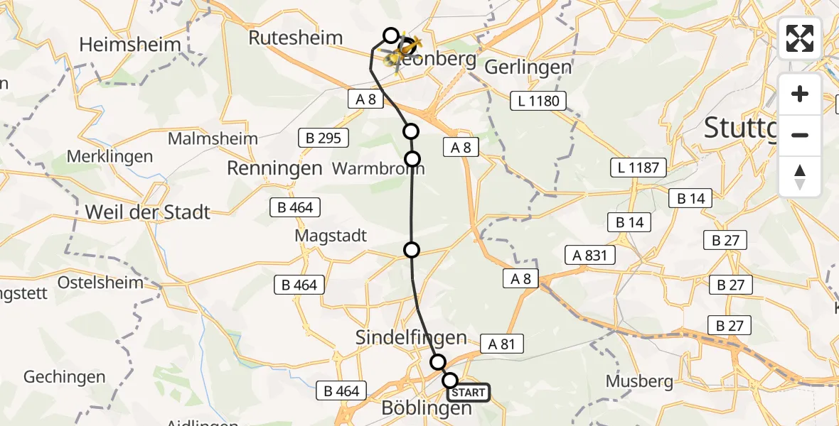 Flugroute Rettungshubschrauber Böblingen Hospital - Leonberg Hospital, 16 März 2026, 09:58