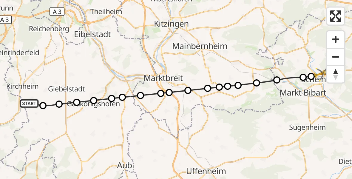 Flugroute Rettungshubschrauber Gaubüttelbrunn - Grappertshofen, 16 März 2026, 09:58