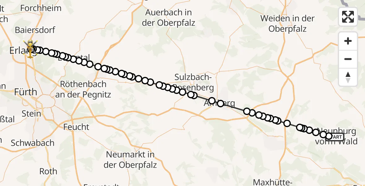 Routekaart van de vlucht: Rettungshubschrauber nach Erlangen University Hospital Rooftop