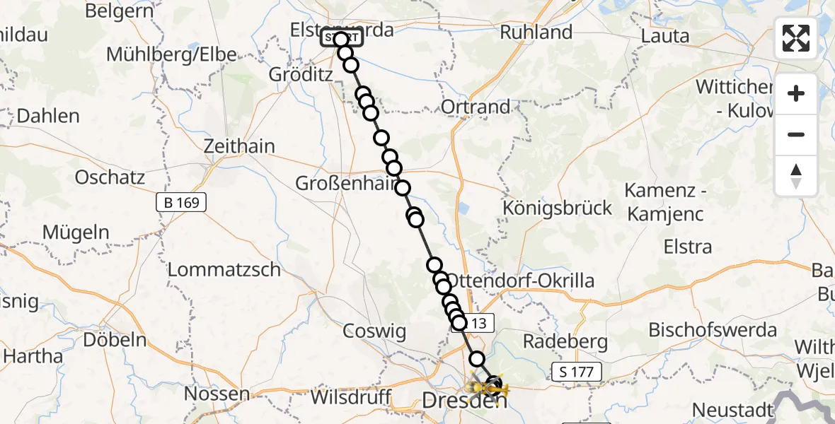 Flugroute Ambulanzhubschrauber Elbe-Elster Hospital Elsterwerda - Dresden Elbwiesen Heliport, 16 März 2026, 10:07