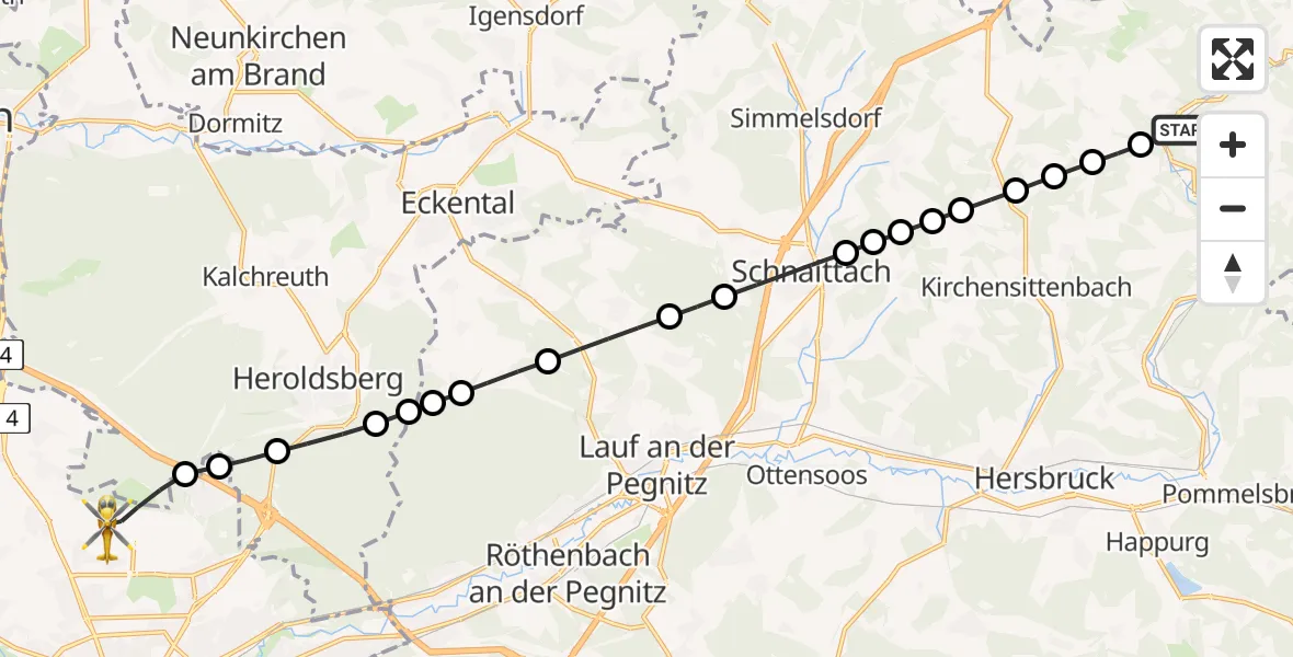 Flugroute Rettungshubschrauber Rupprechtstegen - Nuremberg Airport, 16 März 2026, 10:15