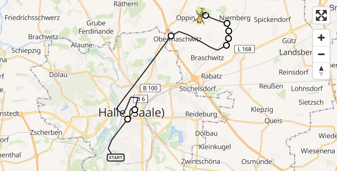 Flugroute Rettungshubschrauber Halle (Saale) - Halle-Oppin Airfield, 16 März 2026, 10:31