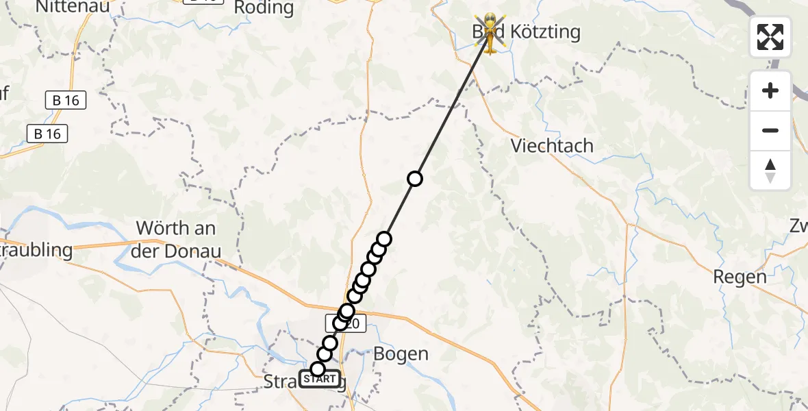 Flugroute Rettungshubschrauber Sankt Elisabeth Hospital Straubing - Kreuzbach, 16 März 2026, 10:32