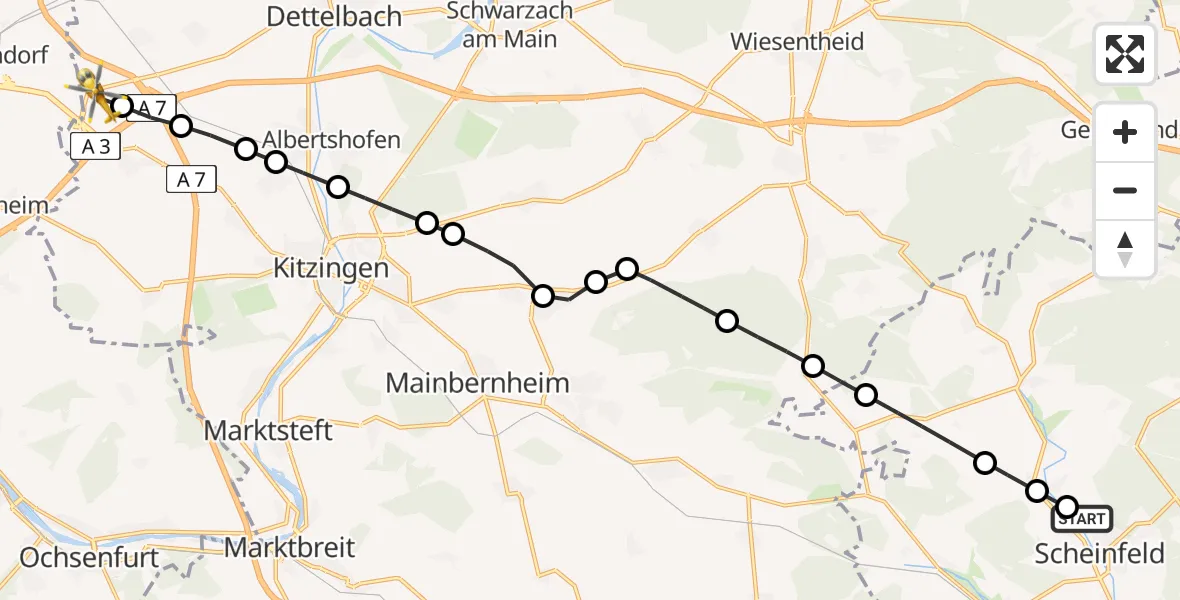 Flugroute Rettungshubschrauber Grappertshofen - Dettelbach, 16 März 2026, 10:35