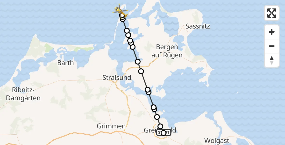 Flugroute Rettungshubschrauber Greifswald Hospital - Vitte, 16 März 2026, 10:36