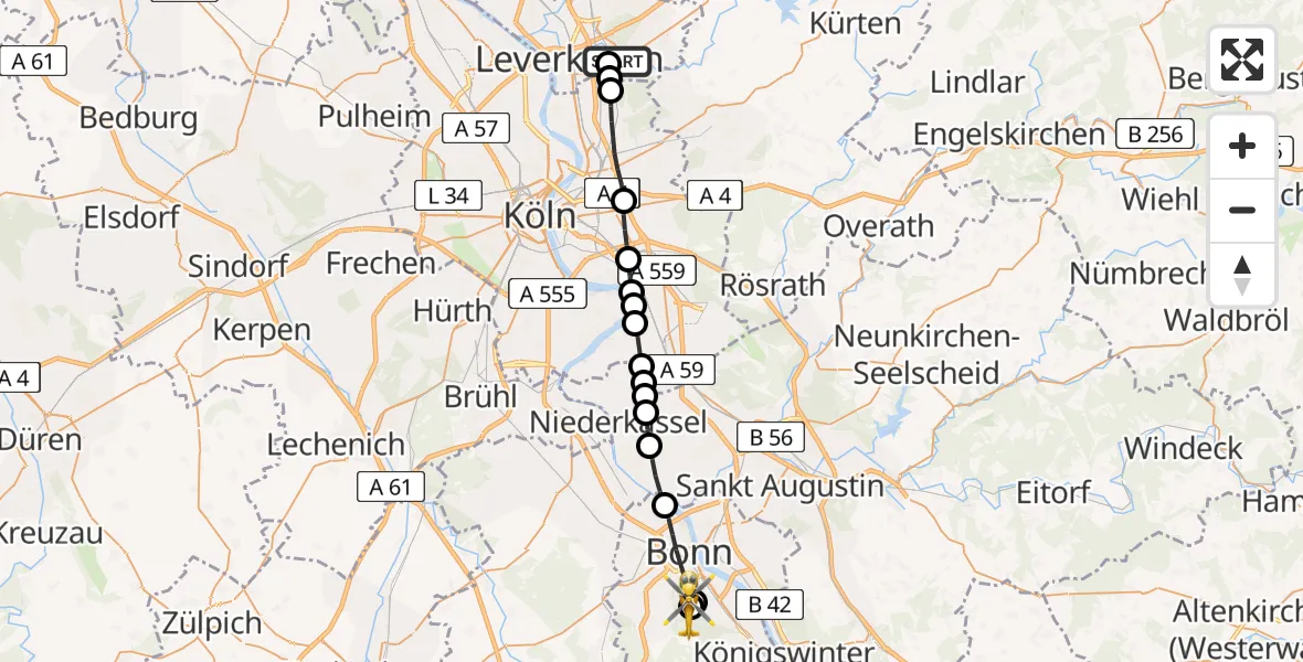 Flugroute Ambulanzhubschrauber Stadtbezirk III - Bonn University Hospital, 16 März 2026, 10:38