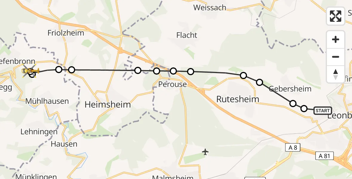 Flugroute Rettungshubschrauber Leonberg Hospital - Tiefenbronn, 16 März 2026, 10:41