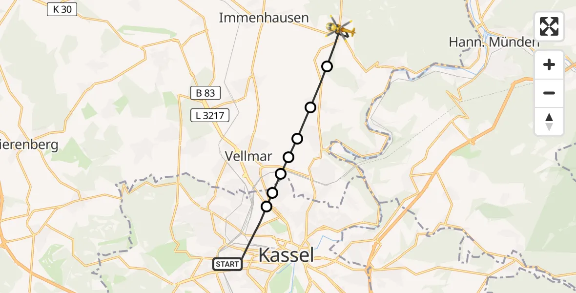 Flugroute Rettungshubschrauber Kassel - Holzhausen, 16 März 2026, 10:43