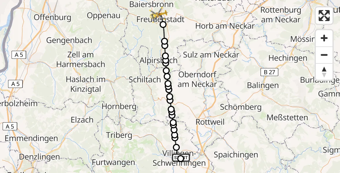 Flugroute Rettungshubschrauber DRF Air Rescue Station Villingen-Schwenningen Heliport (Christoph 11) - Freudenstadt, 16 März 2026, 10:46