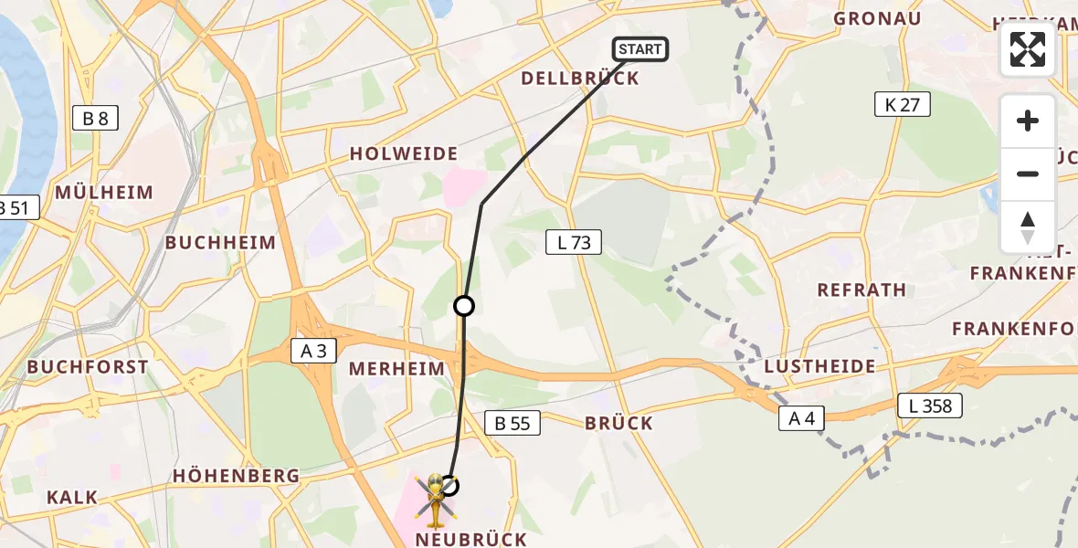 Flugroute Rettungshubschrauber Mülheim - Merheim Hospital, 16 März 2026, 10:47