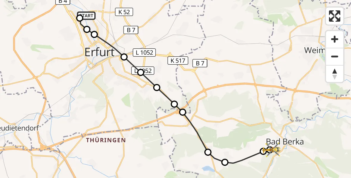 Flugroute Ambulanzhubschrauber Erfurt - DRF Rescue Station Bad Berka Heliport, 16 März 2026, 10:49
