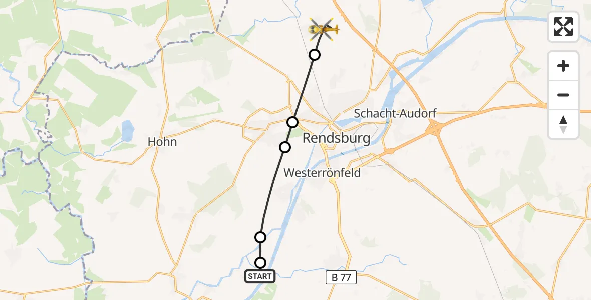 Flugroute Rettungshubschrauber Breiholz - Alt Duvenstedt, 16 März 2026, 10:55