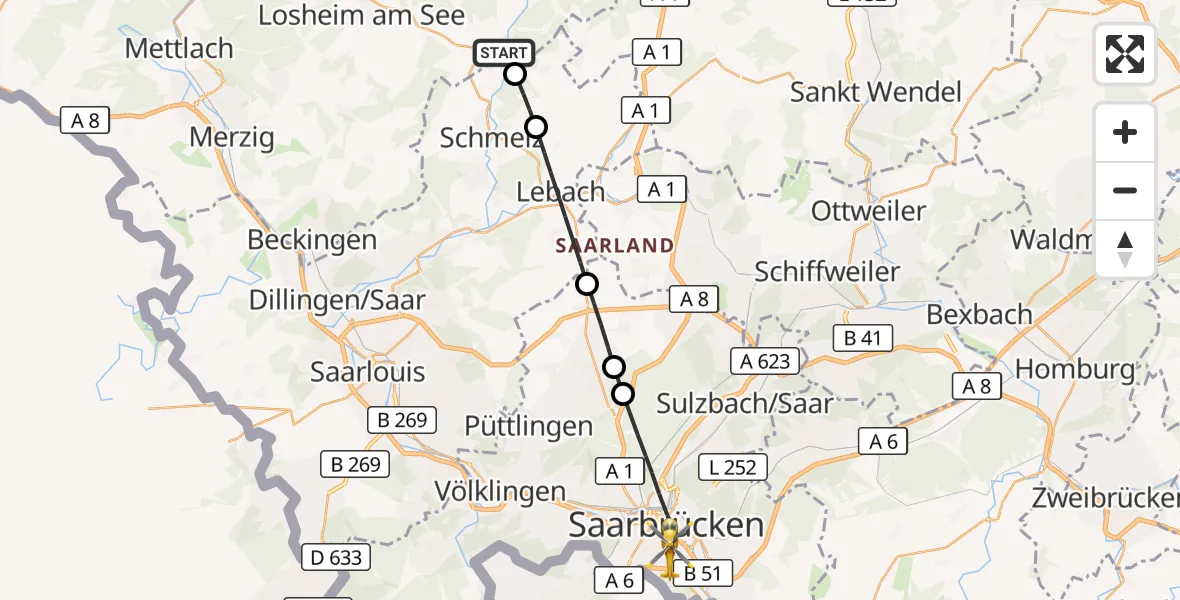 Flugroute Rettungshubschrauber Büschfeld - Saarbrücken, 16 März 2026, 10:57