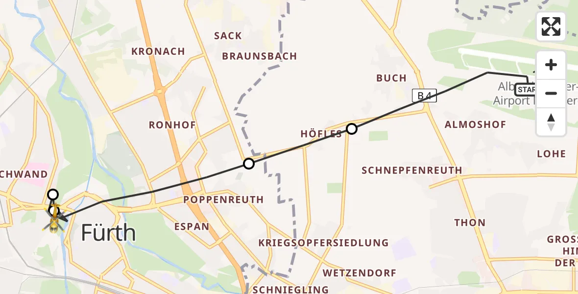 Flugroute Rettungshubschrauber Nuremberg Airport - Fürth, 16 März 2026, 11:04