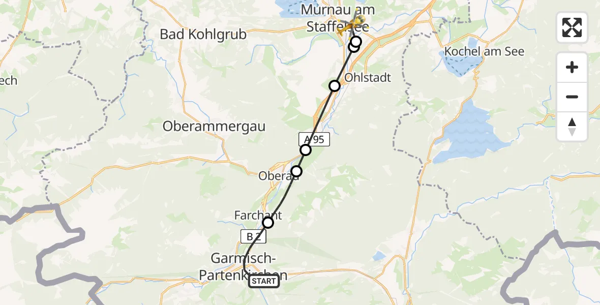 Flugroute Rettungshubschrauber Garmisch-Partenkirchen - Murnau Accident Hospital, 16 März 2026, 11:04